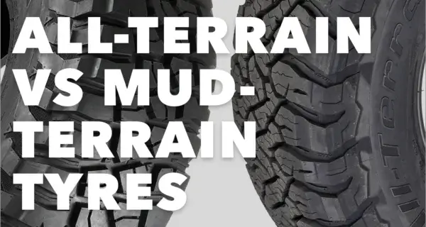 Mud-terrain and all-terrain tyre treads side by side with ‘All-Terrain vs Mud-Terrain Tyres’ text.