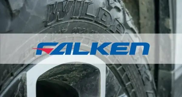 Close-up of a Falken Wildpeak tyre and alloy wheel with the Falken logo.