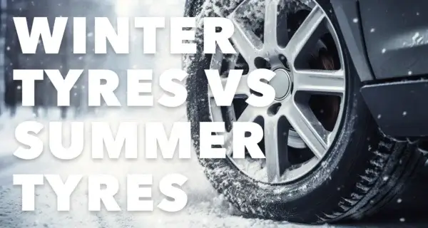 Snow-covered tyre and alloy wheel with ‘Winter Tyres vs Summer Tyres’ text.