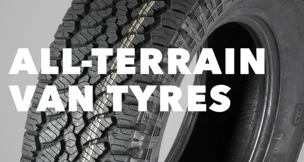 Close-up of an all-season van tyre tread with “All-Season van Tyres” text.